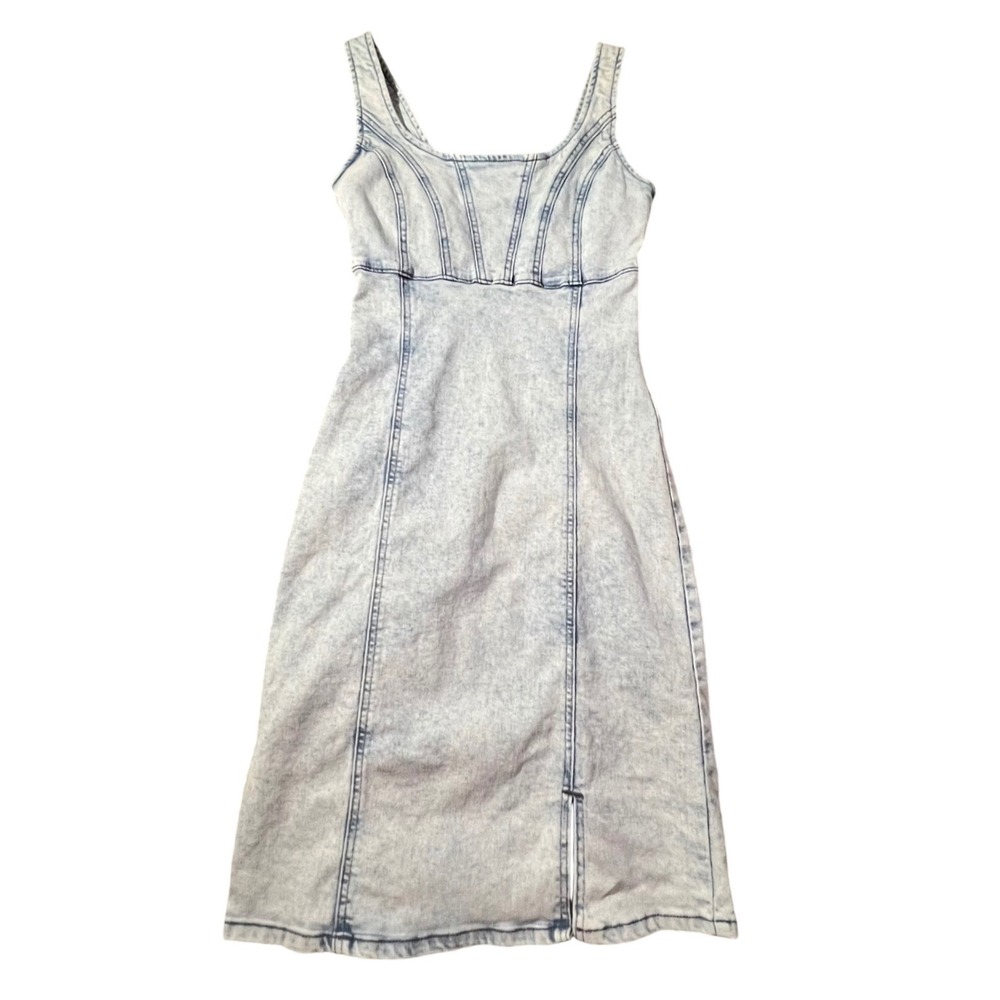 Rewash Denim Midi Dress Womens Small Light Blue Acid Wash Corset Bodice Slit Y2K